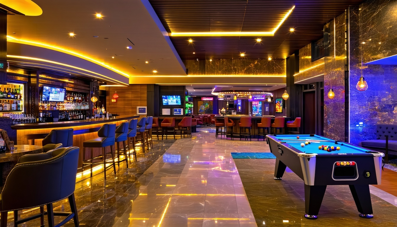 buzzing hotel lobby with bar reception and a game room-1