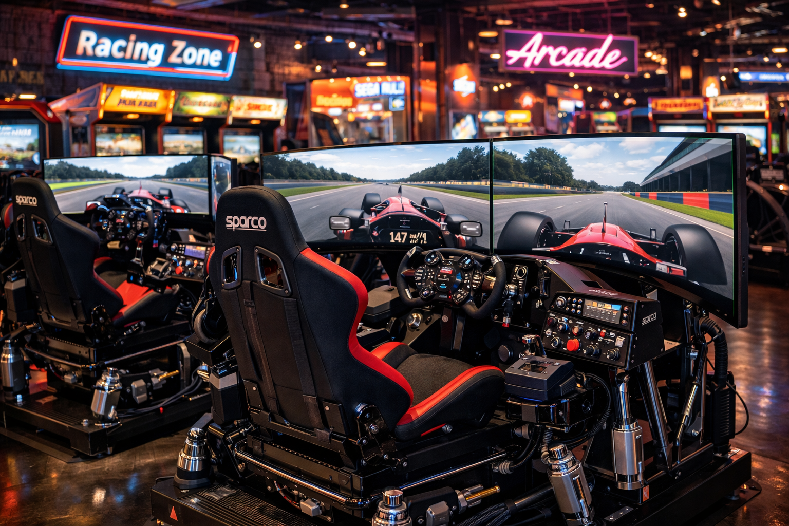 photographic HIGHEND SIM RACING within an arcade setting