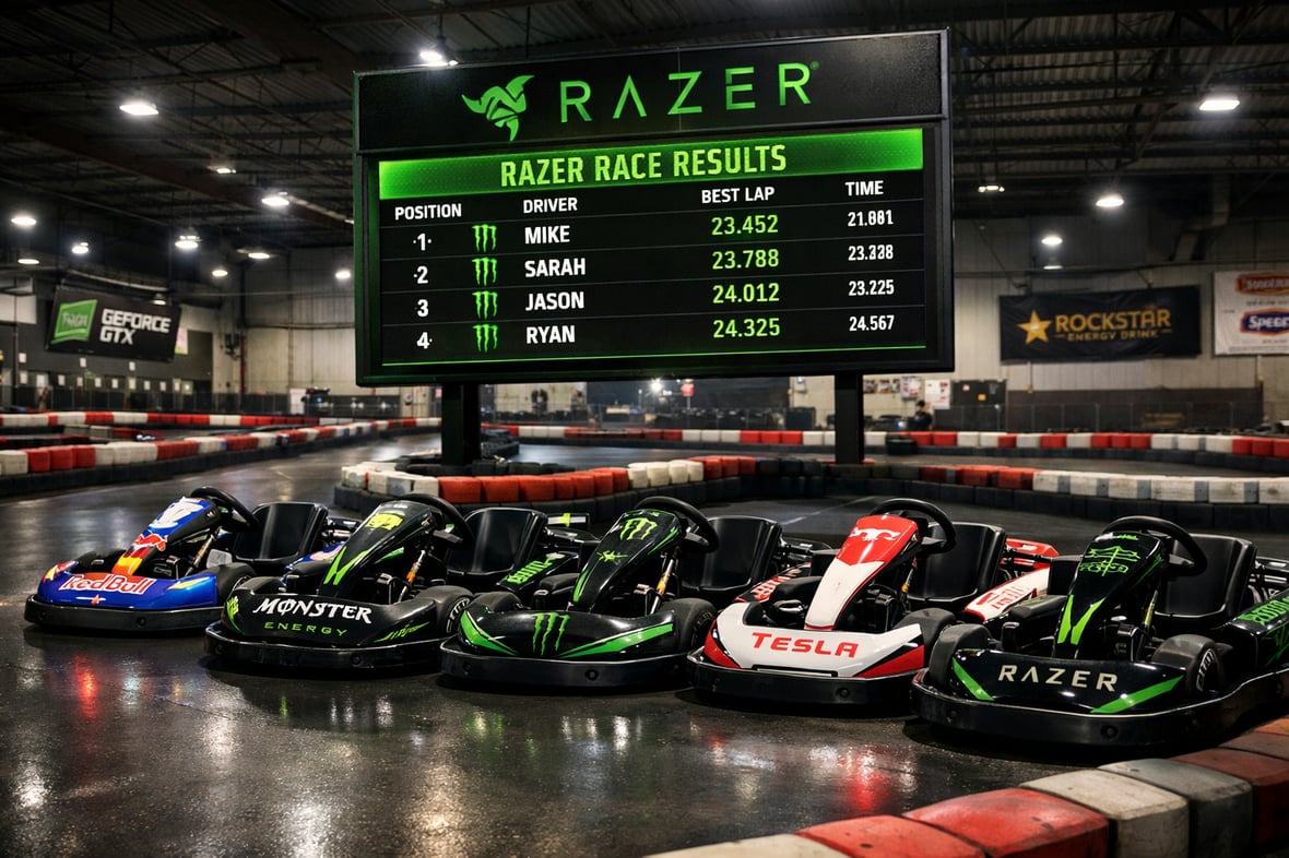 photographic modern indoor go kart track with branded karts Think energy drinks local business automotive tech companies and a scoreboard thats also b